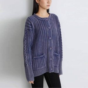 Denim-Washed Cable Knit Sweater
